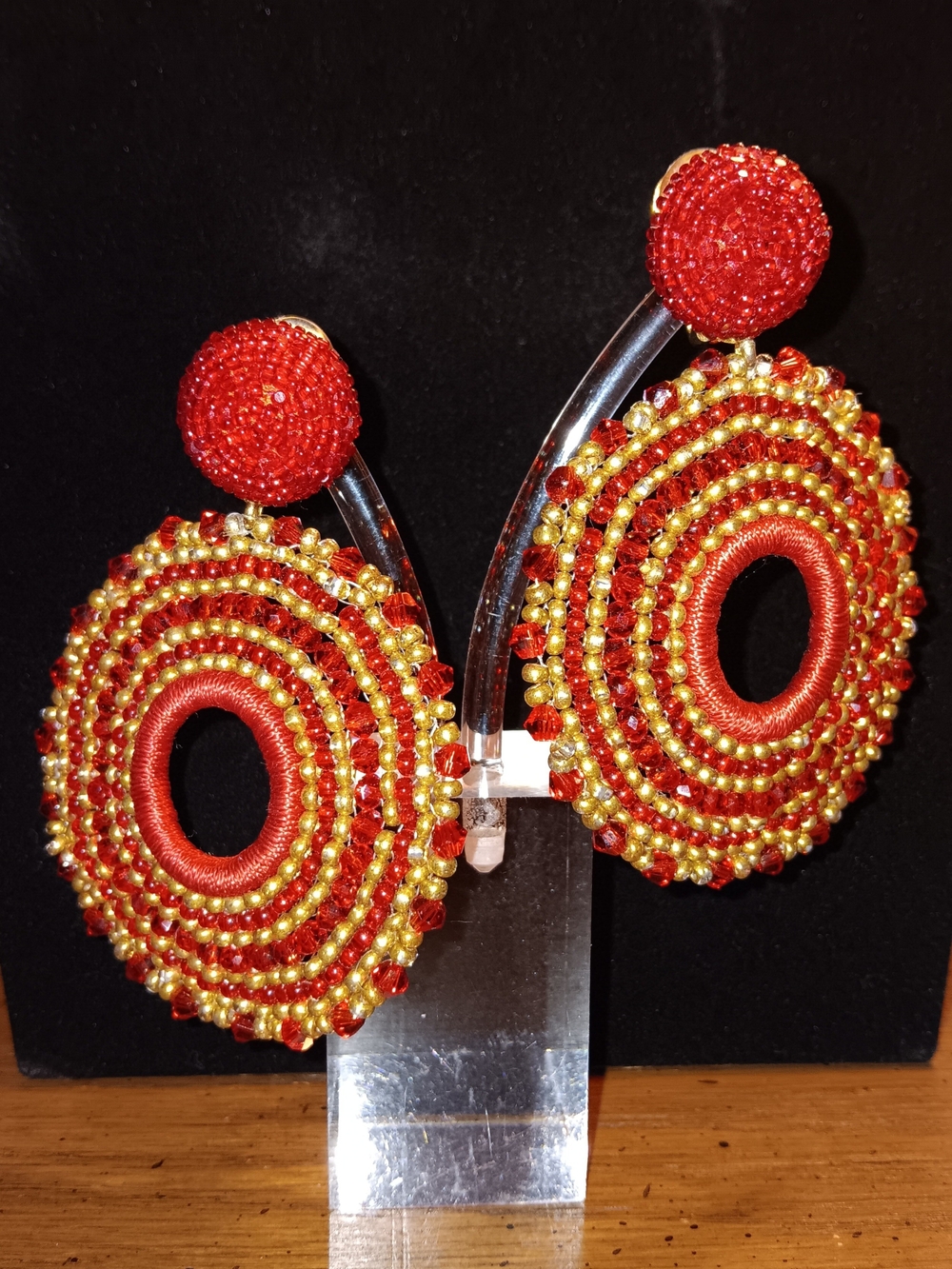 Oscar de la Renta Red and Gold Beaded Hoop Drop Earrings